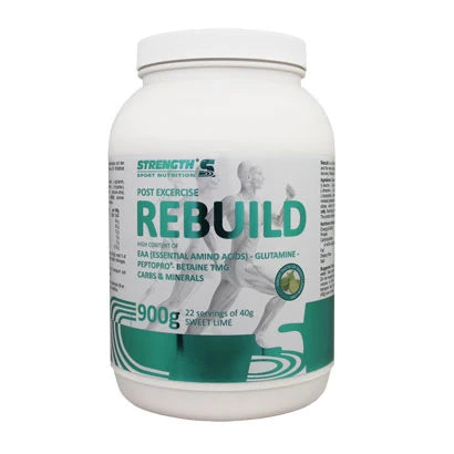 Strength Sport Nutrition Post Workout Rebuild 900 g, hvit boks med turkise detaljer og tekst for smaken Sweet Lime.