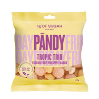 Pändy Candy 50 g Tropic Trio gelégodteri i en gul pose med lilla tekst.