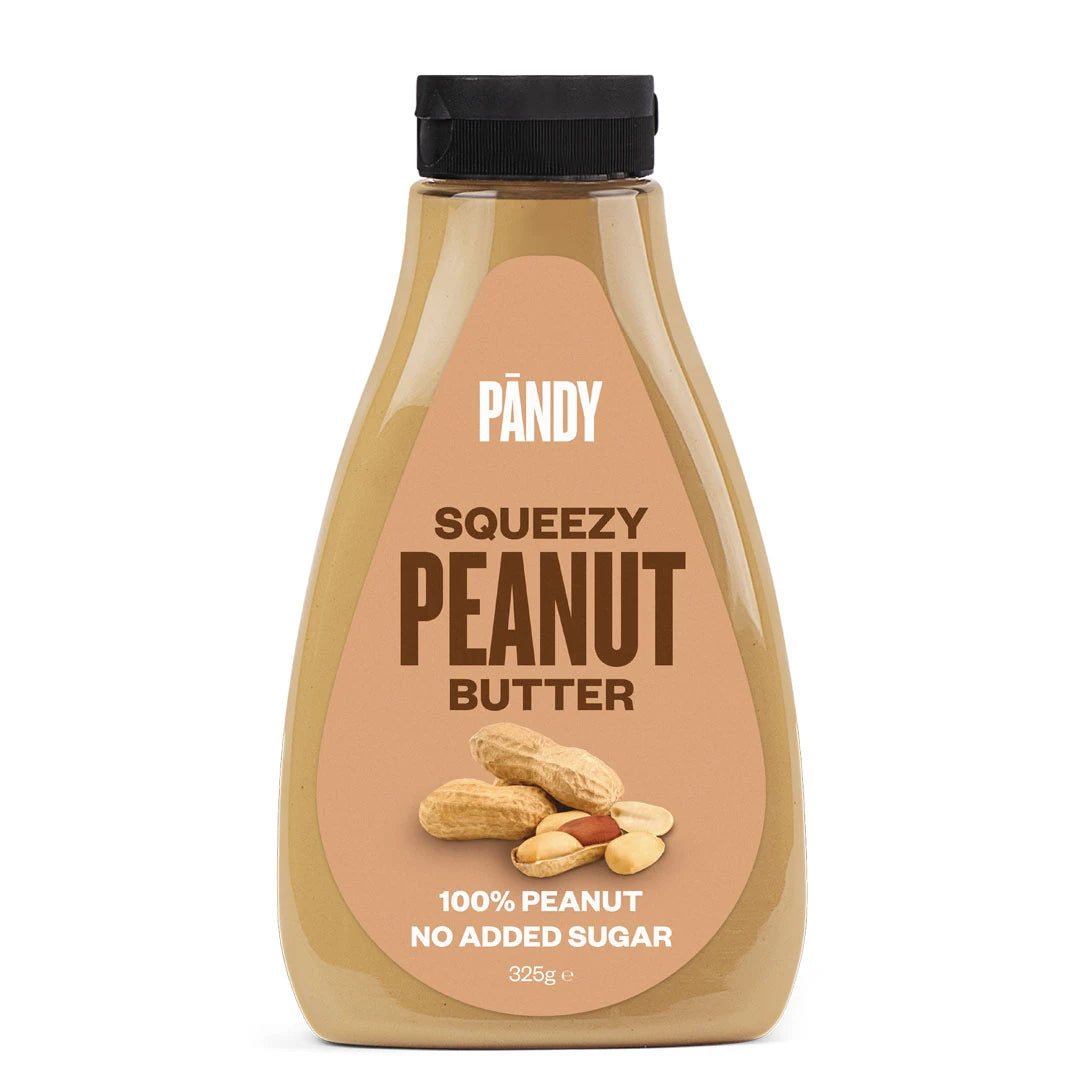 Pändy Squeezy 325 g peanøttsmør i en praktisk squeeze-flaske med svart lokk og peanøtter på etiketten.