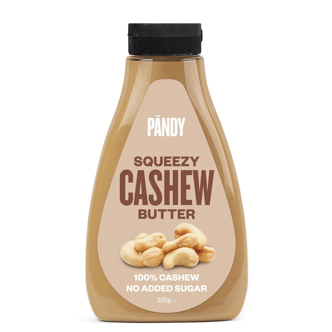 Pändy Squeezy 325 g i smaken Cashew Butter i en gjennomsiktig squeeze-flaske med beige etikett., bilde 2 av 2