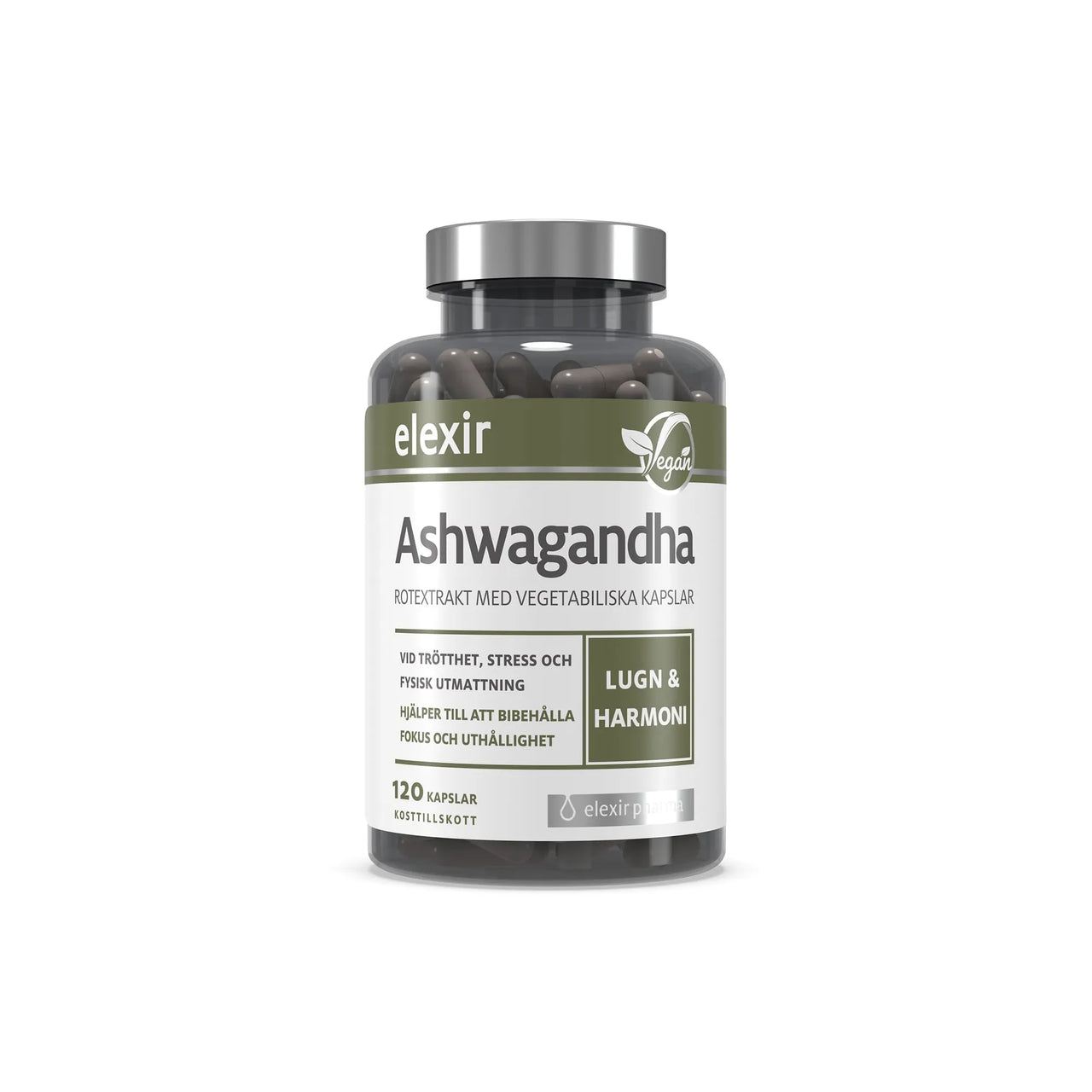 Elexir Pharma Ashwagandha 120 caps i en gjennomsiktig boks med sølvlokk og hvit-grønn etikett, fylt med mørke kapsler.