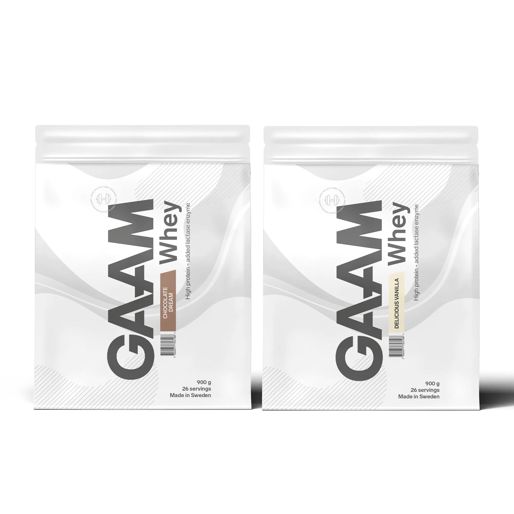 2 x GAAM Whey 900 g proteinpulver i to hvite poser for smakene Chocolate Dream og Delicious Vanilla.