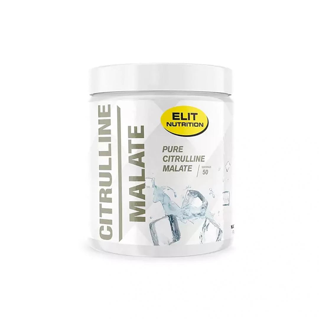 Elit Nutrition Citrulline Malate 250 g aminosyrer i pulverform, pakket i en hvit boks med isbiter på etiketten.