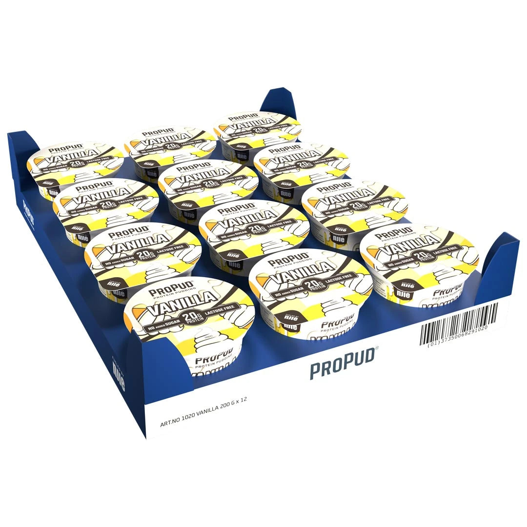 12 x NJIE ProPud 200 g Vanilla laktosefri proteinpudding i hvite begre med gule detaljer på et blått brett.