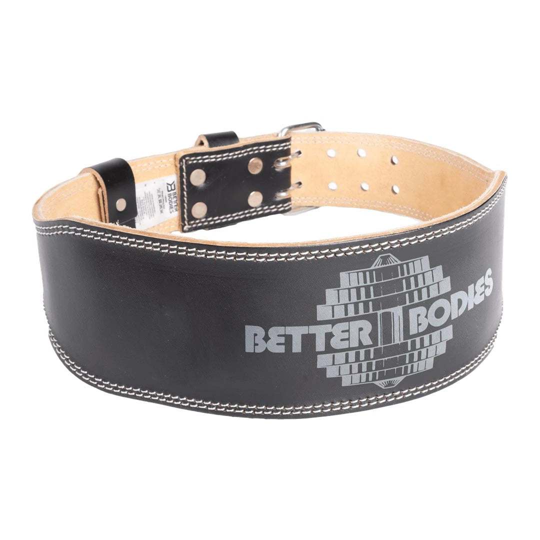 Better Bodies Weight Lifting Belt black, et treningsbelte i svart skinn med hvite sømmer og stor grå logo.