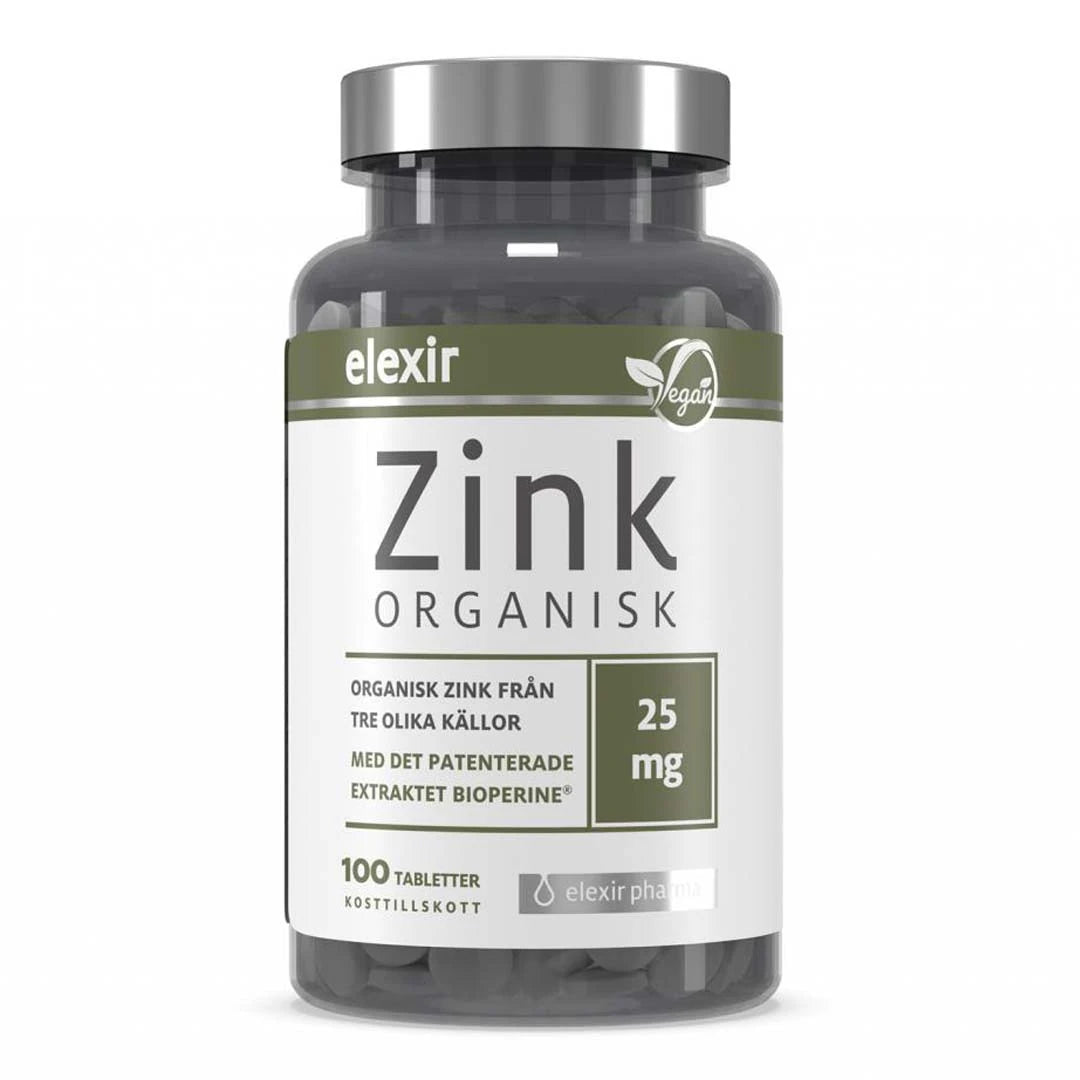 Elexir Pharma Organic Zink 100 tabs kosttilskudd i en mørk boks med hvit og grønn etikett og sølvfarget lokk.