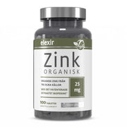 Elexir Pharma Organic Zink 100 tabs kosttillskott i en mörk burk med vit och grön etikett samt silvrigt lock.