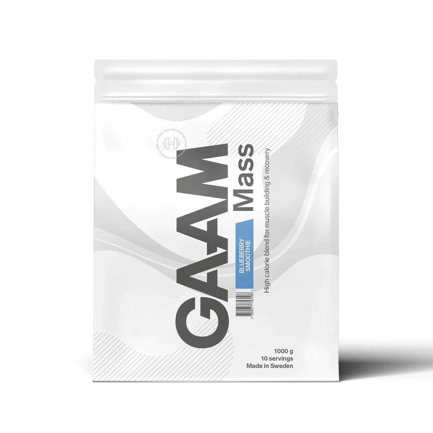GAAM 100% MASS Premium 1 kg gainer i en hvit pose med lyseblå detaljer for smaken Blueberry Smoothie., bilde 2 av 9