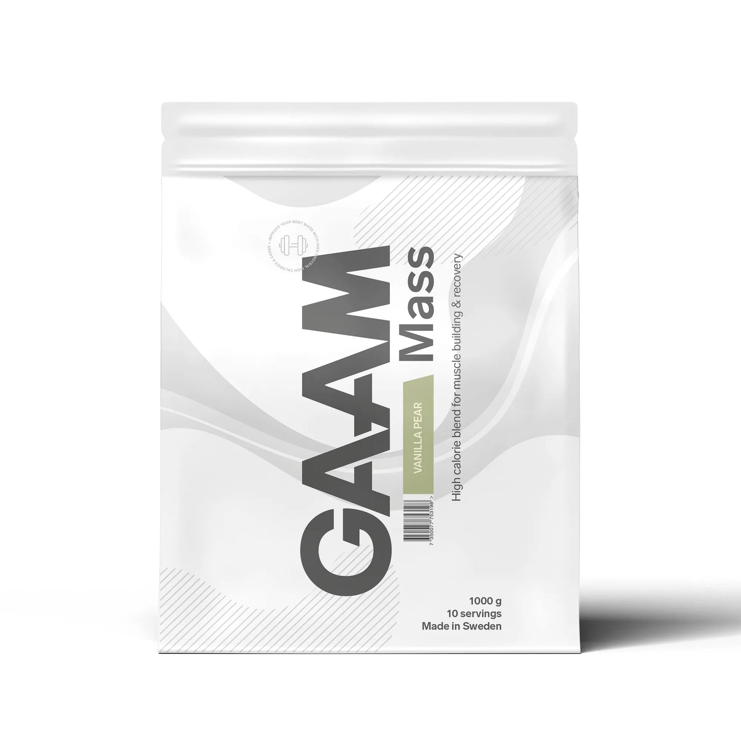 GAAM 100% MASS Premium 1 kg gainer i en hvit pose med grå detaljer for smaken Vanilla Pear., bilde 7 av 9