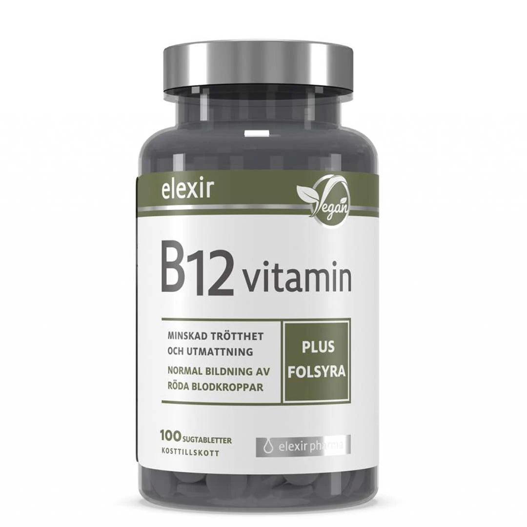 Elexir Pharma B12 Vitamin 100 tabs i en mørk boks med sølvfarget lokk og hvit etikett med grønne detaljer.