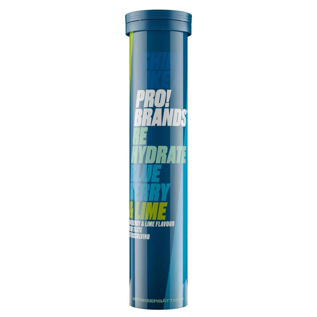 Pro Brands Rehydrate 20 Tabs væskeerstatning i et blått rør med smak av Blueberry Lime.