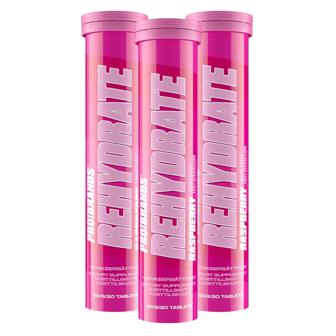 3 x Pro Brands Rehydrate 20 Tabs væskeerstatning i tre rosa rør med smaken Raspberry., bilde 1 av 1