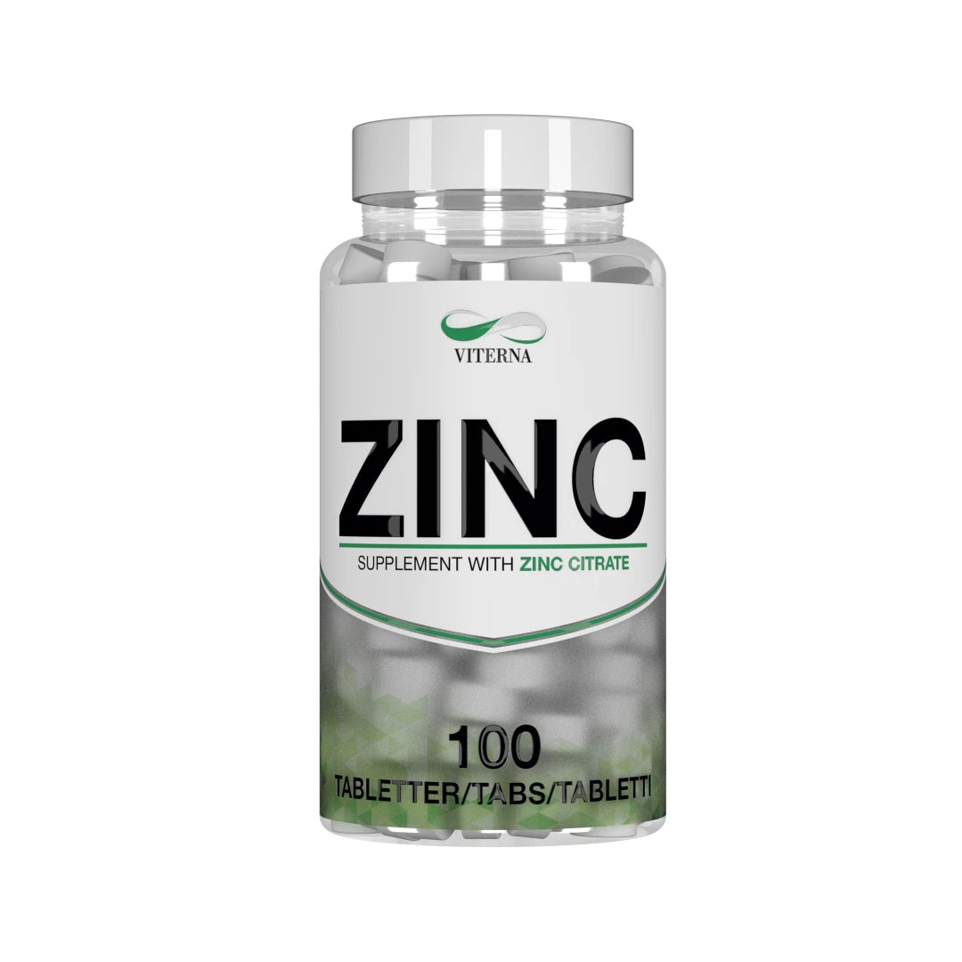 Viterna Zinc 100 caps i en gjennomsiktig boks med hvit etikett, grønne detaljer og synlige hvite tabletter.