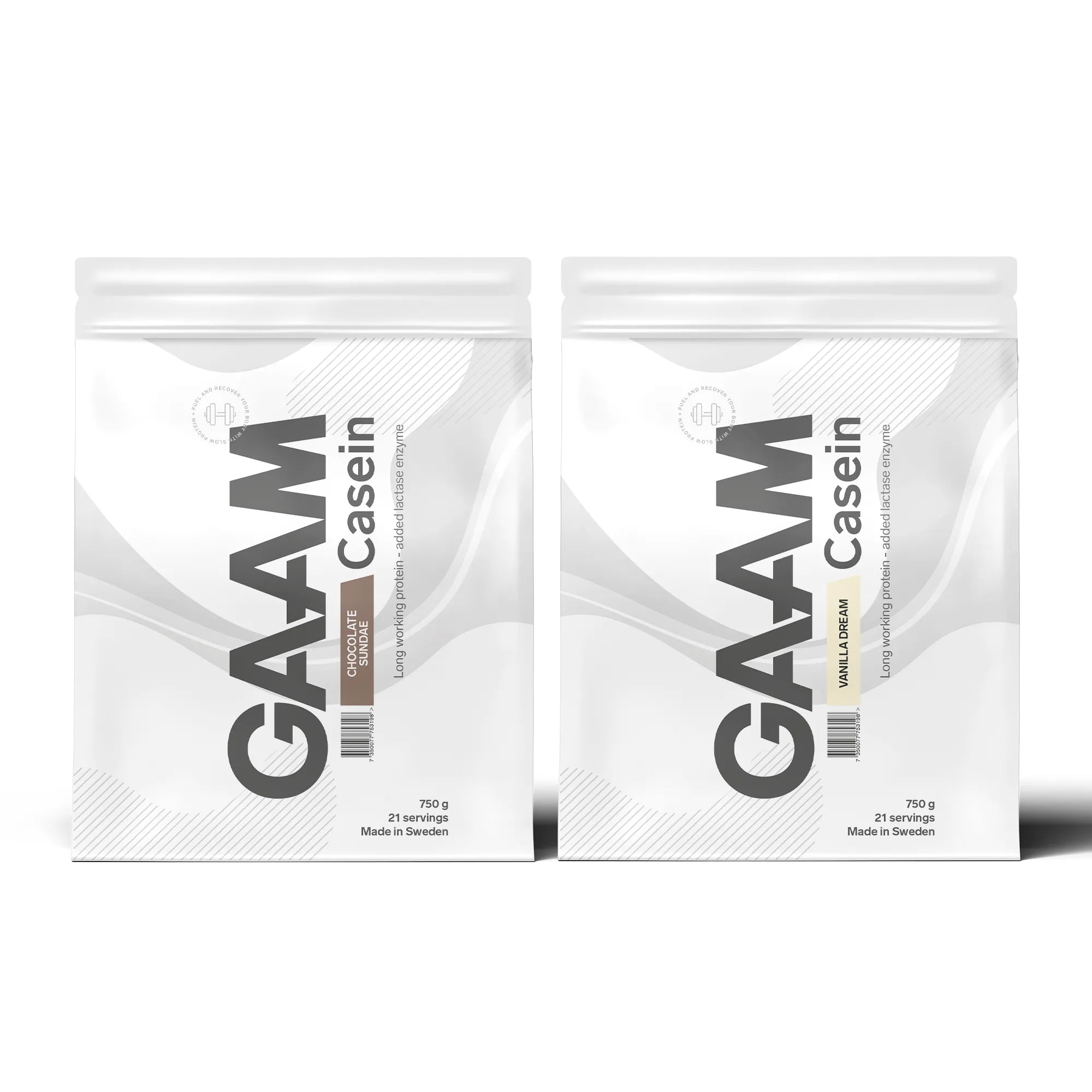 2 x GAAM Casein Kaseinprotein 750 g i to hvite poser med grå detaljer for smakene Chocolate Sundae og Vanilla Dream.