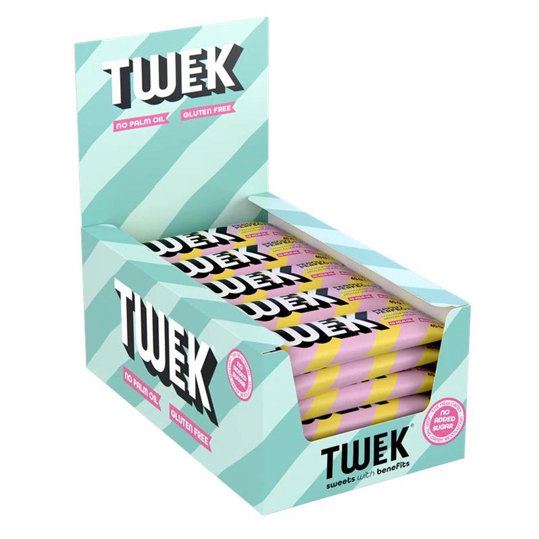 20 x Tweek Sweets Bar 40 g mikseske i mintgrønn og hvitstripet displayeske fylt med sjokoladebarer i rosa og gule omslag., bilde 1 av 1