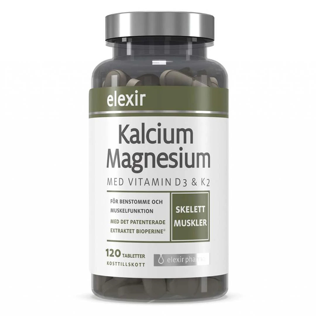 Elexir Pharma Kalsium & Magnesium 120 tabs i en transparent boks med hvit og grønn etikett og et sølvfarget lokk.