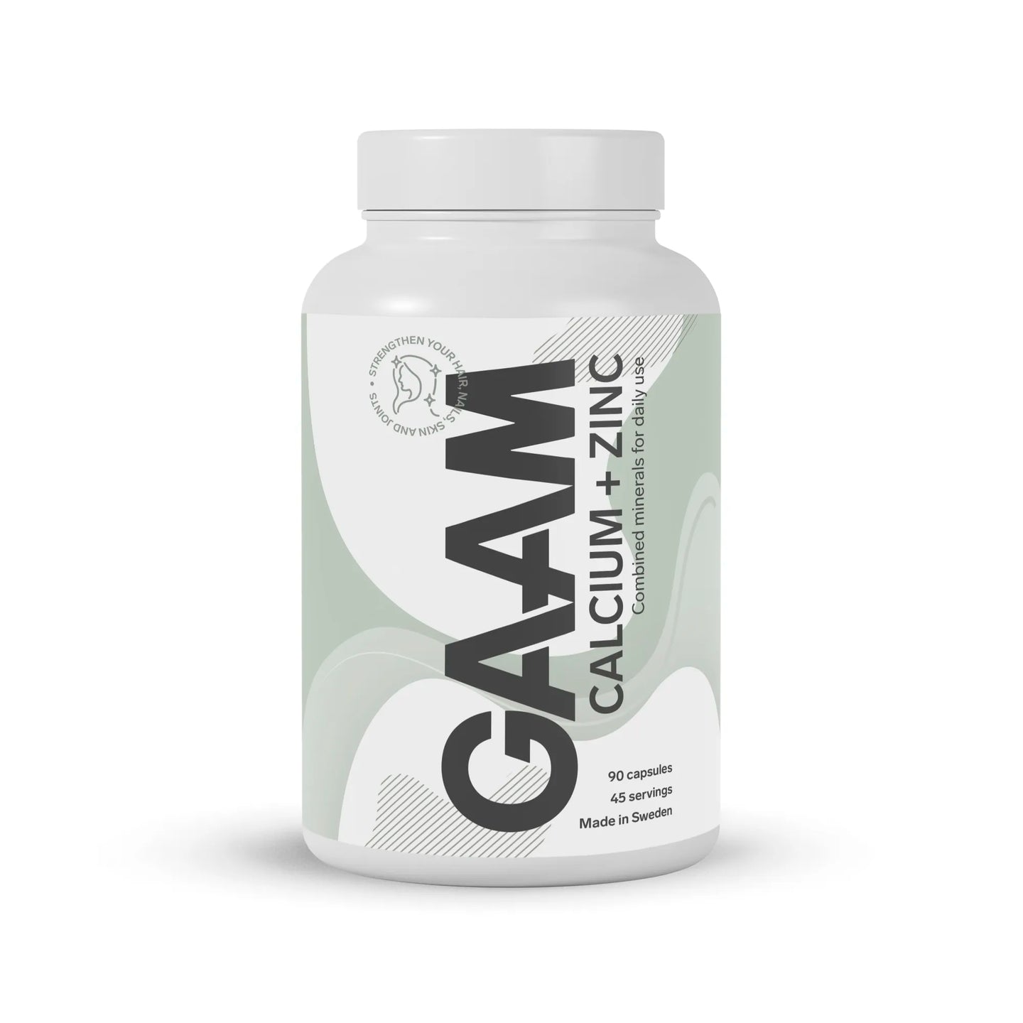 GAAM Calcium + Zinc 90 caps i en hvit boks med grågrønne detaljer og svart tekst.