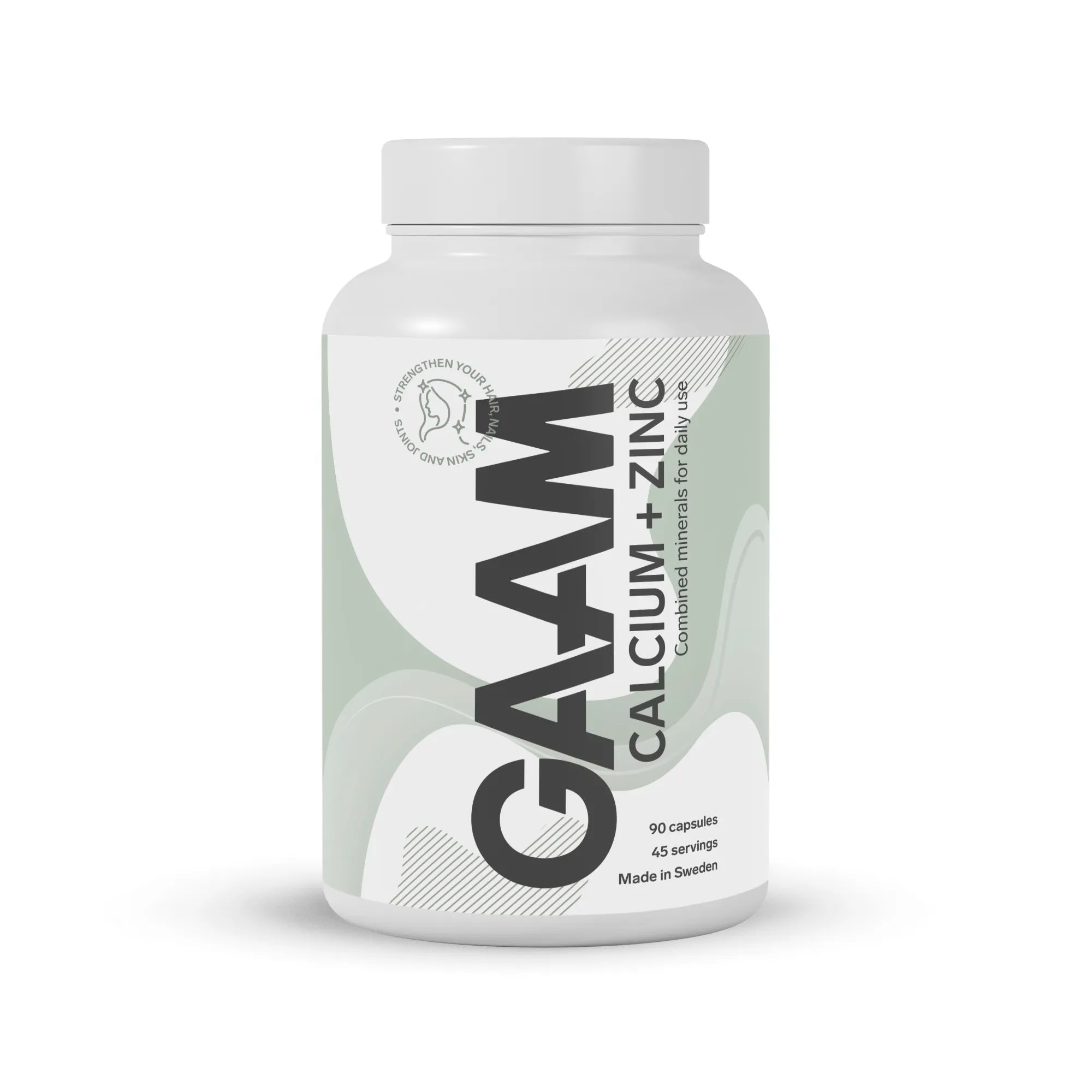 GAAM Calcium + Zinc 90 caps i en hvit boks med grågrønne detaljer og svart tekst.