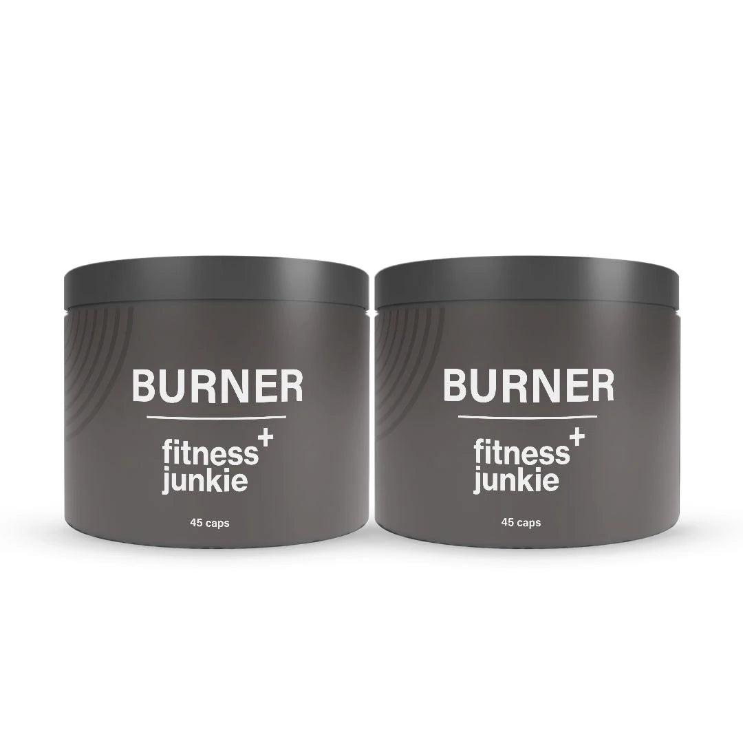 2 x fitnessjunkie Burner 45 caps fettforbrenner i to mørkegrå bokser med stilren hvit tekst.