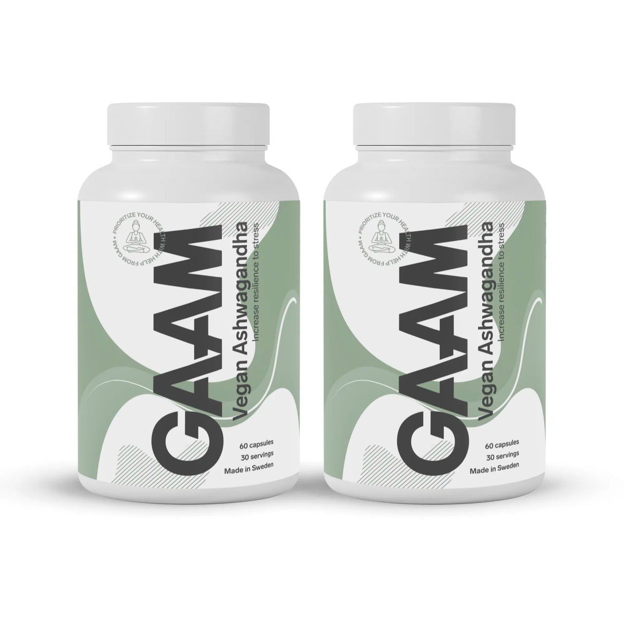 2 x GAAM Vegan Ashwagandha 60 caps i to hvite bokser med grønne detaljer og svart tekst.