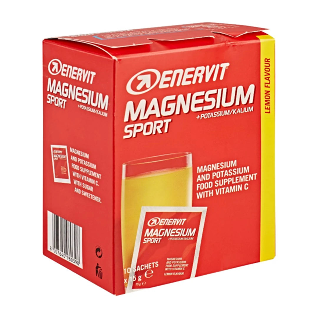 ENERVIT Magnesium Sport Mineral Dryck 10 x 15 g kosttilskudd i en rød og gul kartong med sitronsmak.