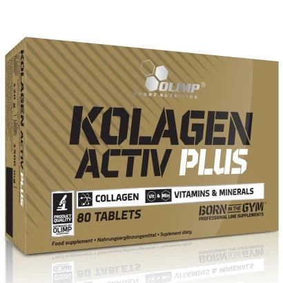 Olimp Kolagen Activ Plus 80 tabs kosttilskudd i en gullfarget eske med svart og hvit tekst.