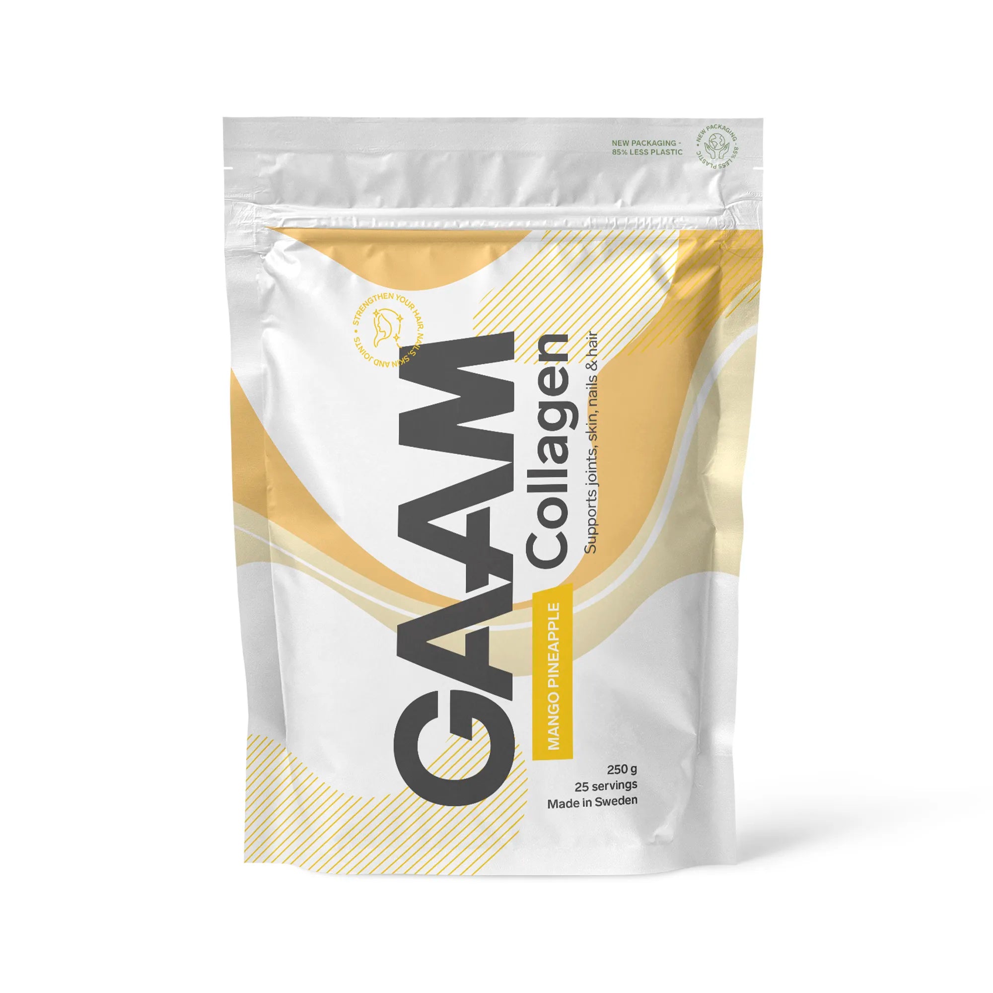 GAAM Collagen 250 g kollagenpulver i en hvit pose med gule detaljer for smaken Mango Pineapple., bilde 2 av 4