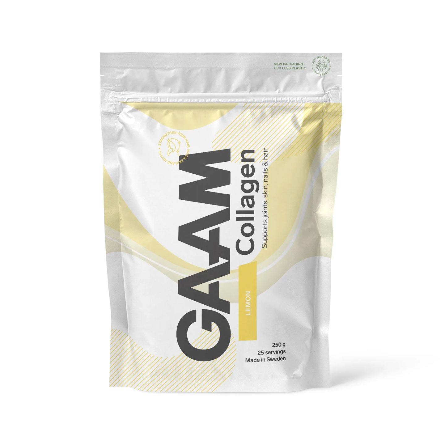 GAAM Collagen 250 g kollagenpulver i en hvit pose med gule detaljer for smaken Lemon., bilde 4 av 4
