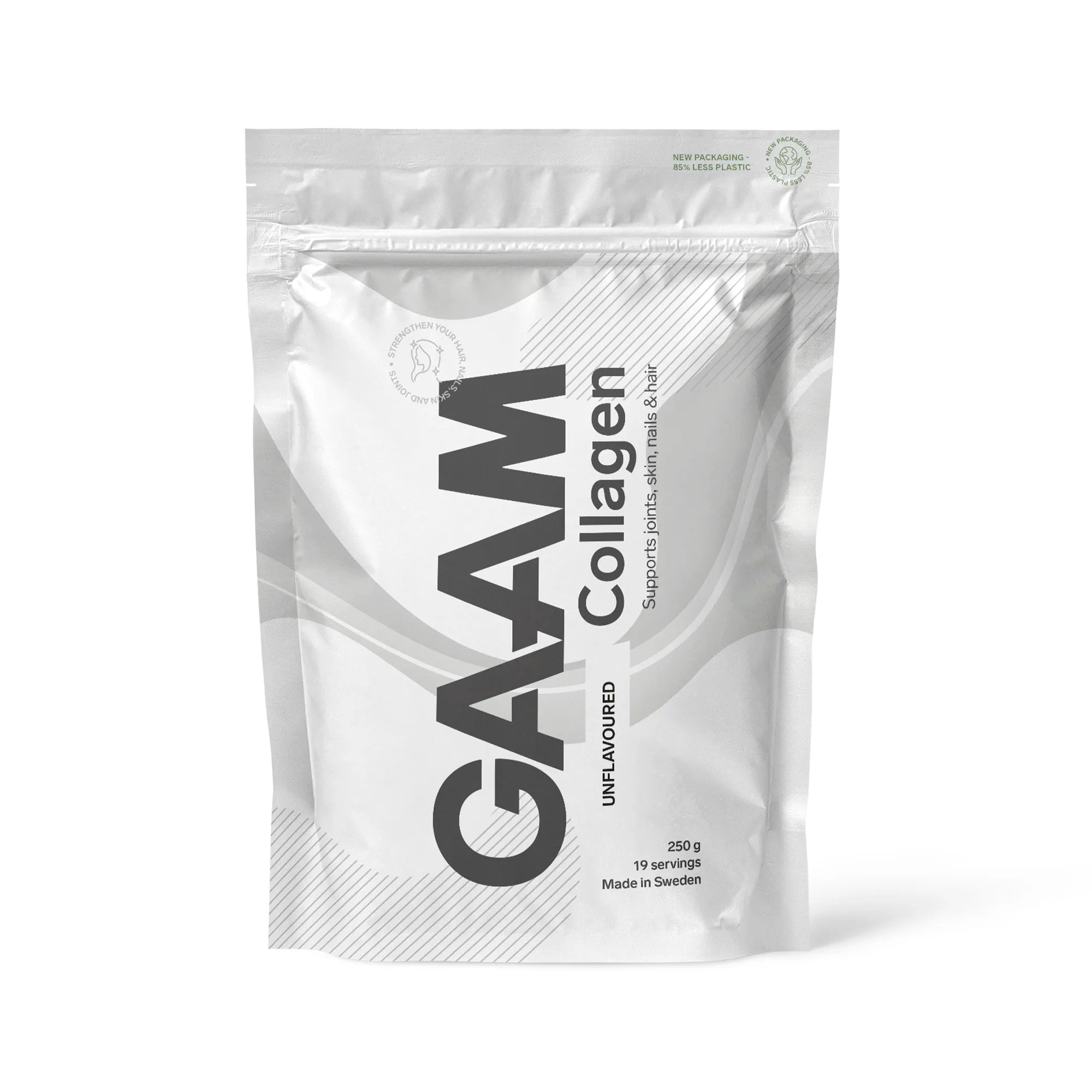 GAAM Collagen 250 g kollagenpulver i en hvit pose med mørkegrå tekst for varianten Unflavoured., bilde 3 av 4