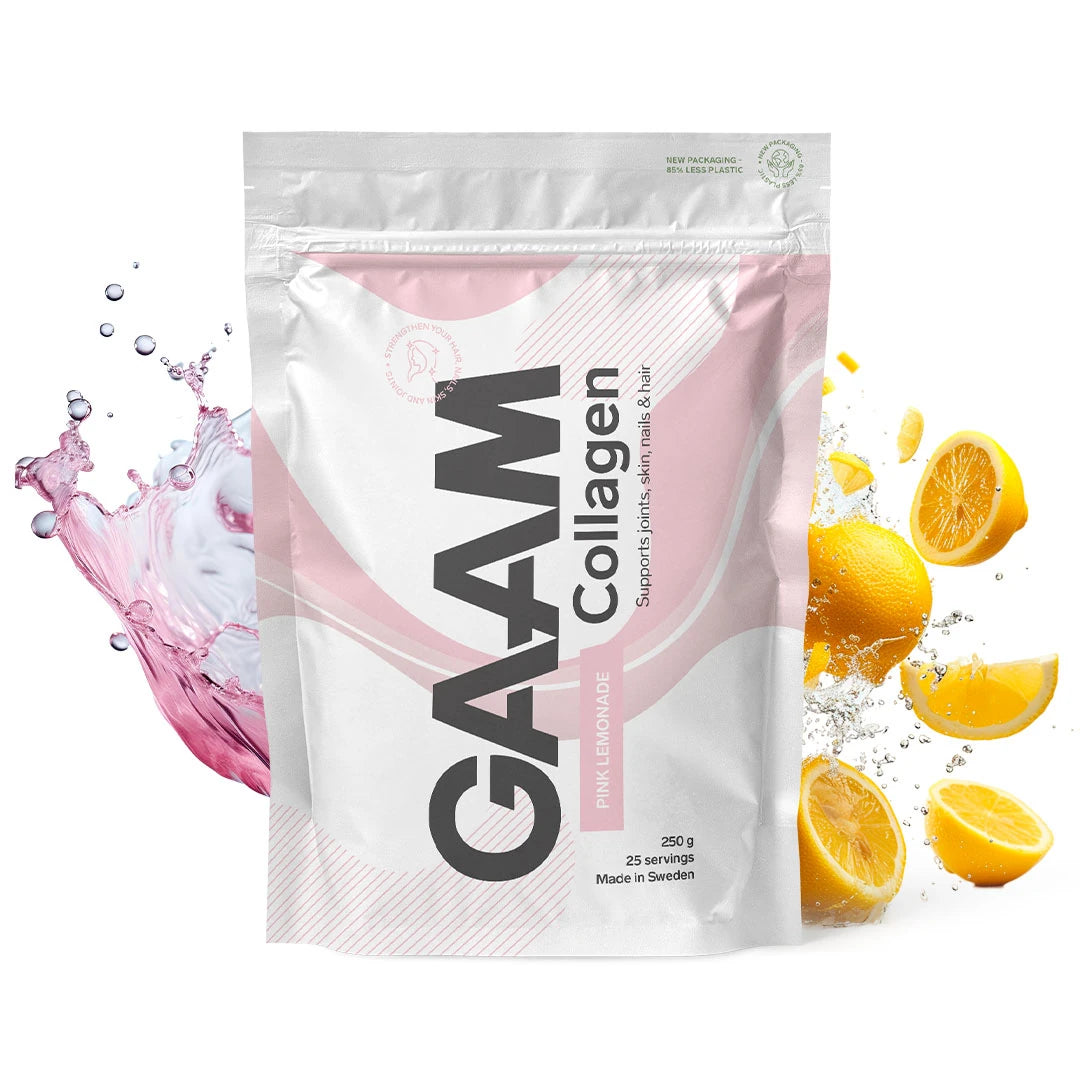 GAAM Collagen 250 g kosttilskudd i en hvit pose med rosa detaljer, smak Pink Lemonade, med sitronskiver og vannsprut i bakgrunnen.