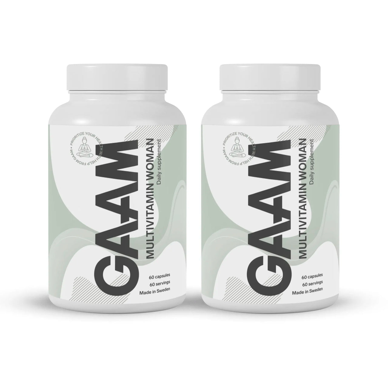 2 x GAAM Multivitamin Woman 60 caps i to hvite bokser med lysegrønne detaljer på etiketten.