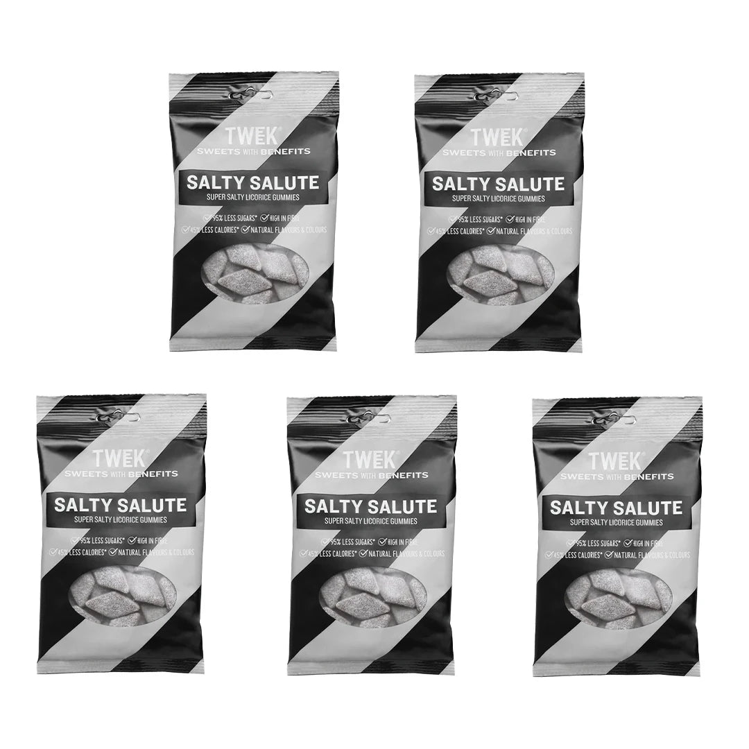 5 x Tweek Sweets 80 g Salty Salute godteri i svarte og grå poser med super salty licorice gummies.