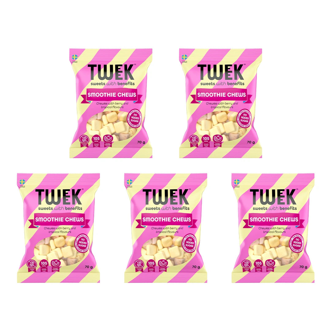 5 x Tweek Sweets 70 g Smoothie Chews i rosa og gulstripete poser med vindu som viser godteriet.
