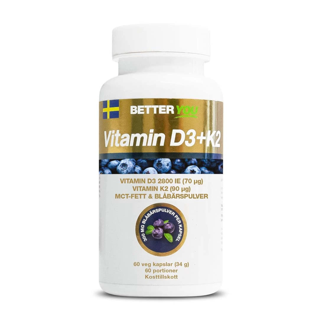Better You Vitamin D3+K2 60 caps for immunsystemet, pakket i en hvit boks med blåbærmotiv og gulldetaljer.