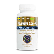 Better You Vitamin D3+K2 60 caps för immunsystemet, förpackad i en vit burk med blåbärsmotiv och gulddetaljer.
