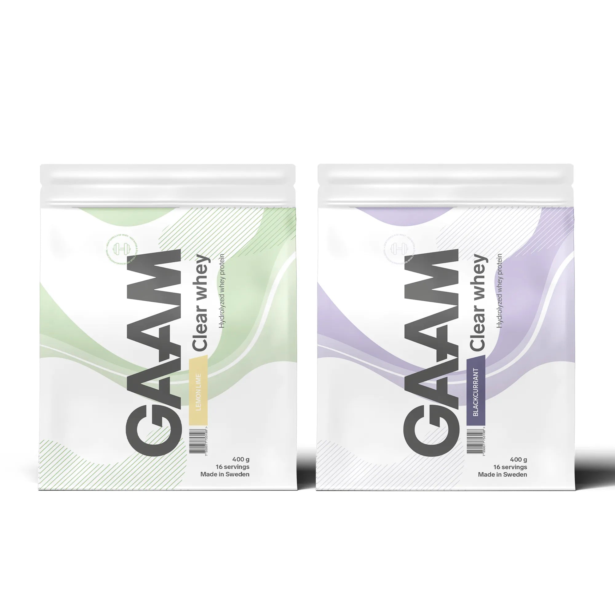 2 x GAAM Clear Whey 400 g proteinpulver i to hvite poser med grønne og lilla detaljer.