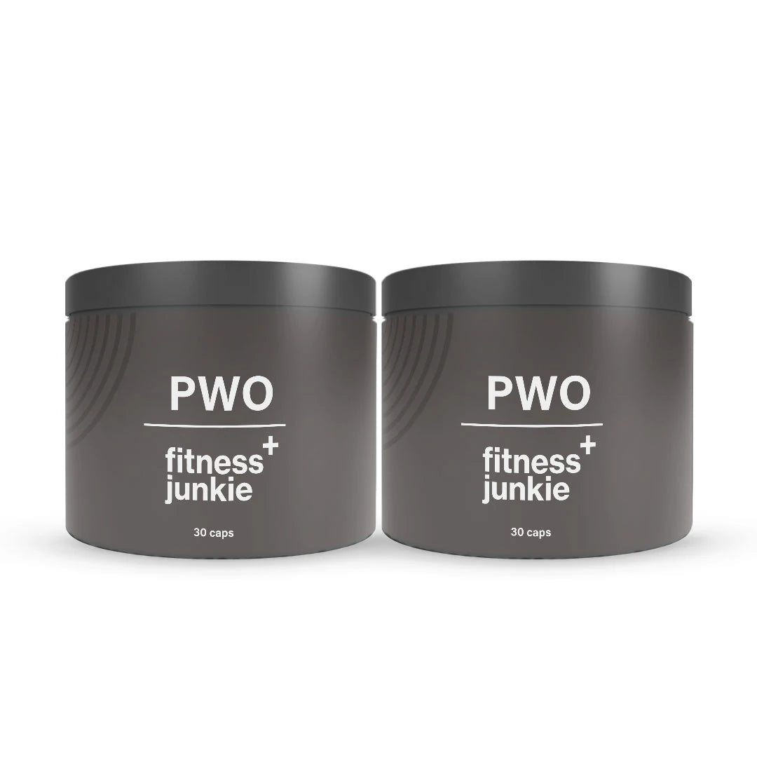 2 x fitnessjunkie PWO 30 caps i to mørkegrå bokser med hvit tekst for prestasjonsfremmende kapsler.