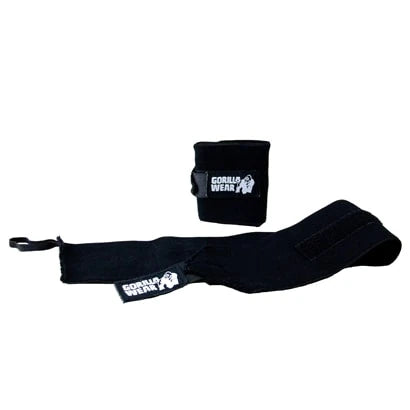 Svarte Gorilla Wear Wrist Wrap Basic håndleddsbind i elastan med hvit logo for trening.