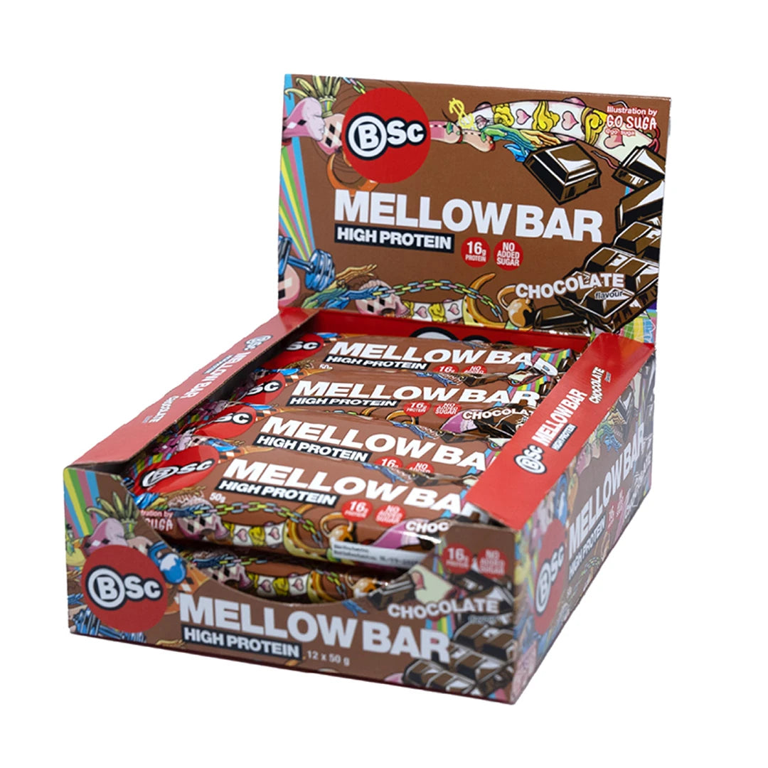 12 x BSc Mellow Bar 50 g Chocolate proteinbarer i en fargerik displayeske med sjokoladesmak.