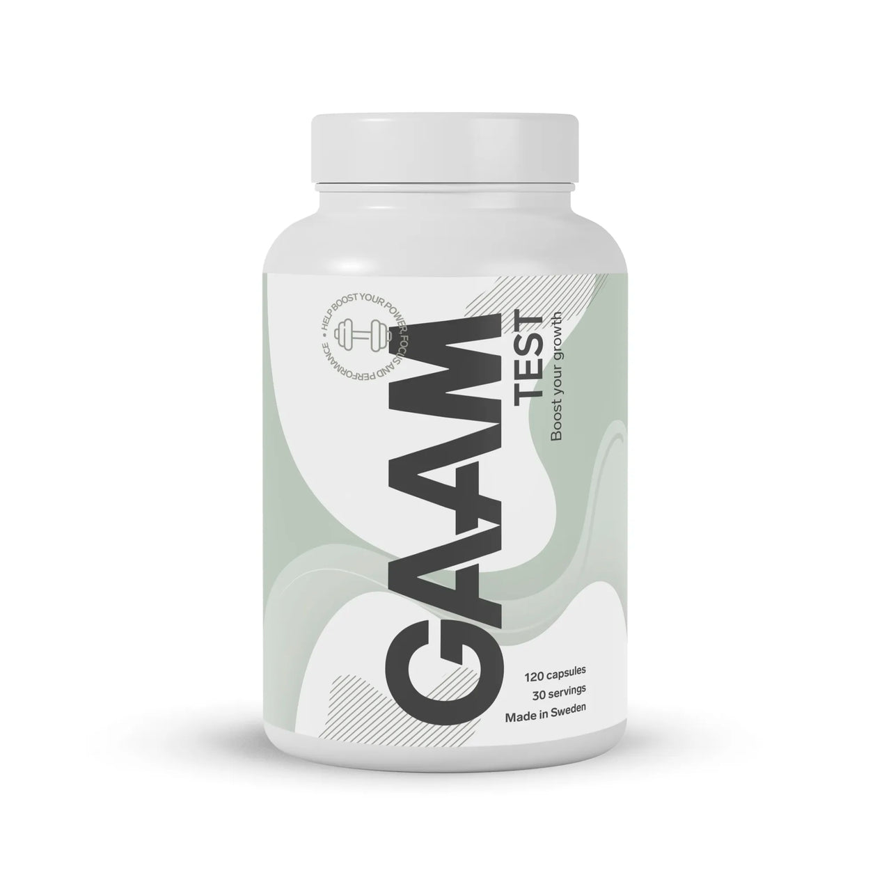 GAAM TEST 120 caps testosteronbooster i en hvit plastboks med lysegrønne grafiske detaljer.