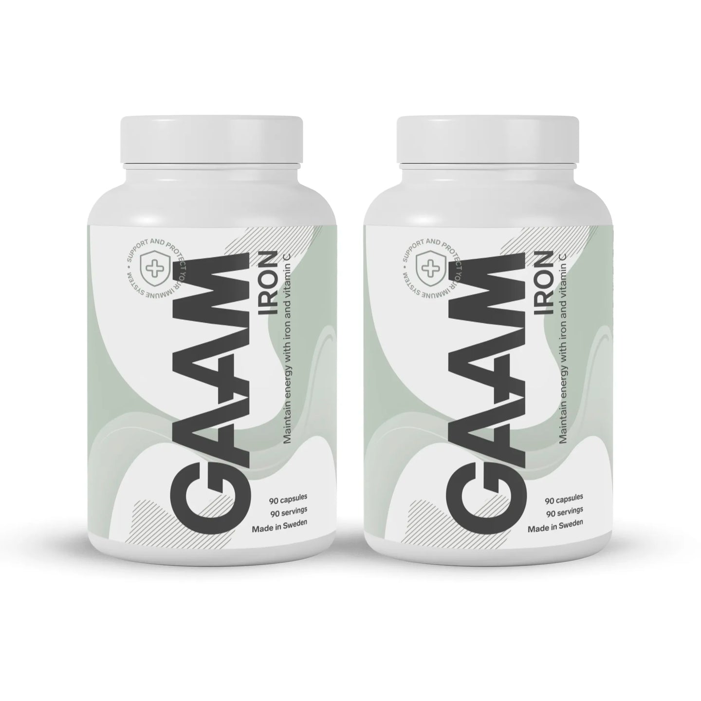 2 x GAAM Iron 90 caps i hvite bokser med grønne detaljer og svart tekst.