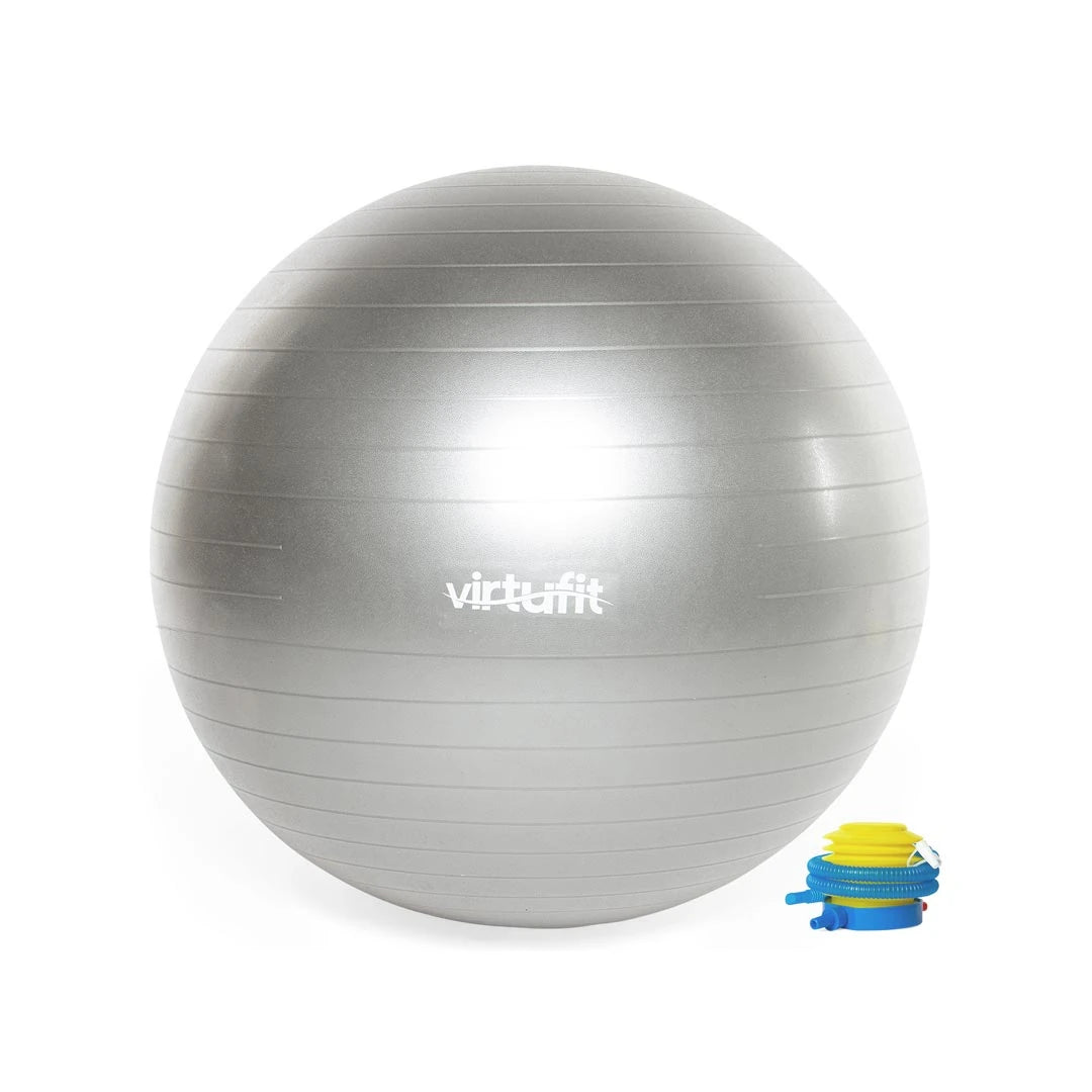 Sølvfarget Virtufit Gym Ball + Pump 55 cm i PVC med tilhørende pumpe for trening.