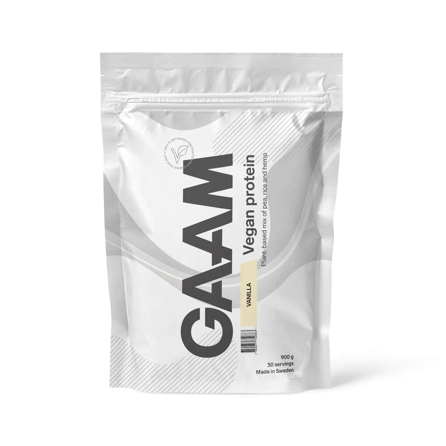 GAAM Vegan Protein 900 g proteinpulver i en hvit pose med lysegule detaljer for smaken Vanilla., bilde 2 av 4