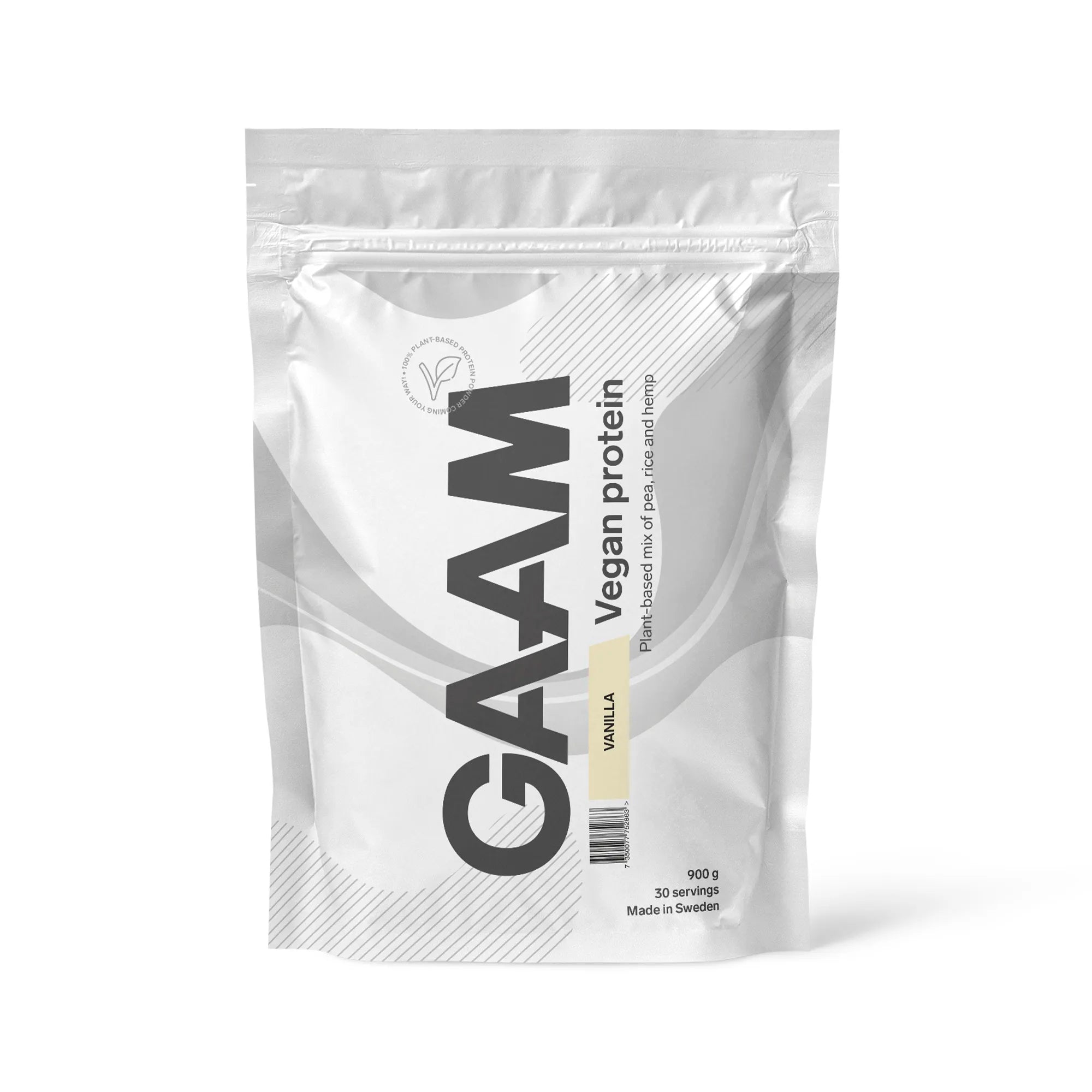 GAAM Vegan Protein 900 g proteinpulver i en hvit pose med lysegule detaljer for smaken Vanilla., bilde 2 av 4