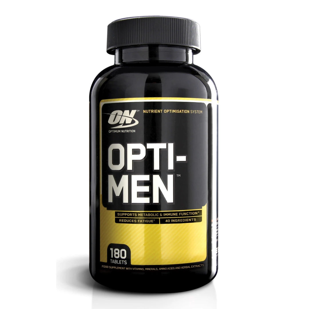 Optimum Nutrition Opti-Men 180 tabs multivitamin, svart boks med gul etikett og hvit tekst.