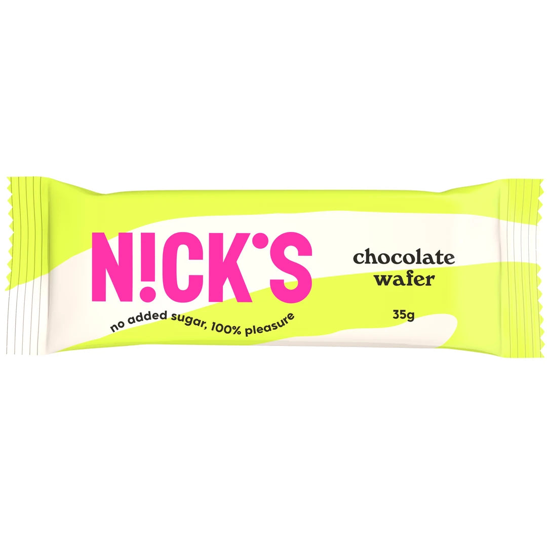 Nicks Chocolate Wafer 35 g i en lysegrønn og hvit emballasje med stor rosa logo.