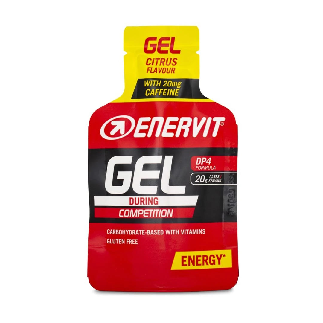 Enervit Sport Gel 25 ml energigel i en rød og gul porsjonspakning for smaken Citrus.
