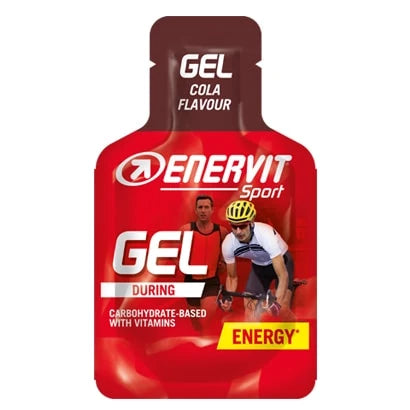 Enervit Sport Gel 25 ml energigel i en rød og brun porsjonspakning for smaken Cola., bilde 1 av 3