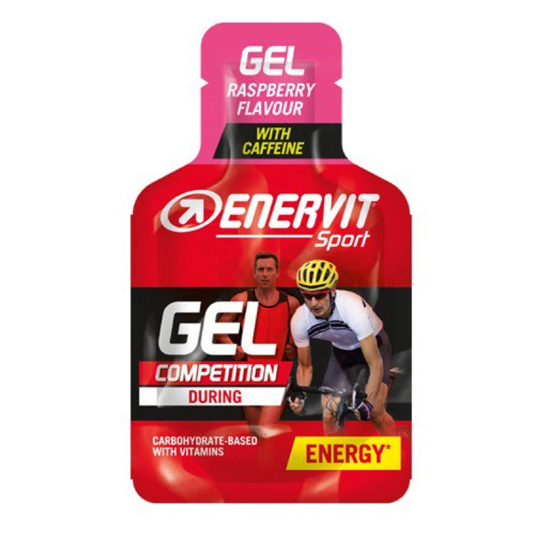 Enervit Sport Gel 25 ml energigel i en rød porsjonspose med rosa detaljer for smaken bringebær., bilde 3 av 3