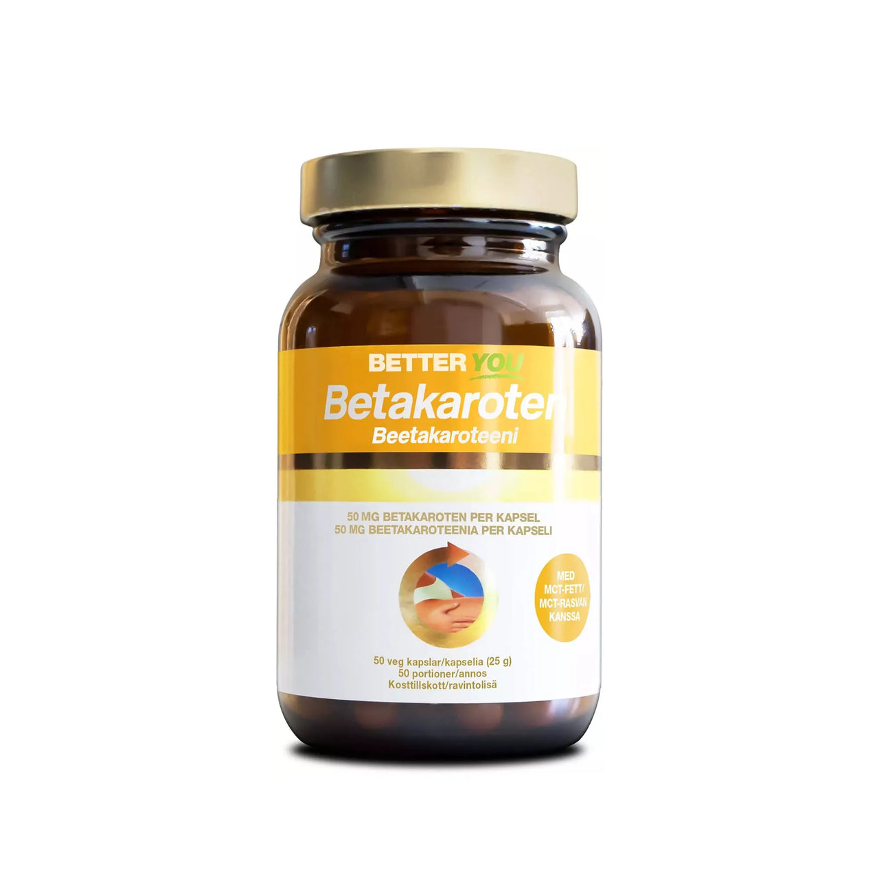Better You Betakaroten 50 mg 50 caps i en brun boks med gullokk og gulhvit etikett.